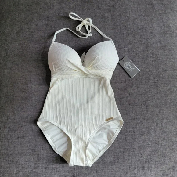 Vince Camuto Ivory Halter Wrap Front Molded Cups One Piece Women's Swims… - Picture 6 of 16